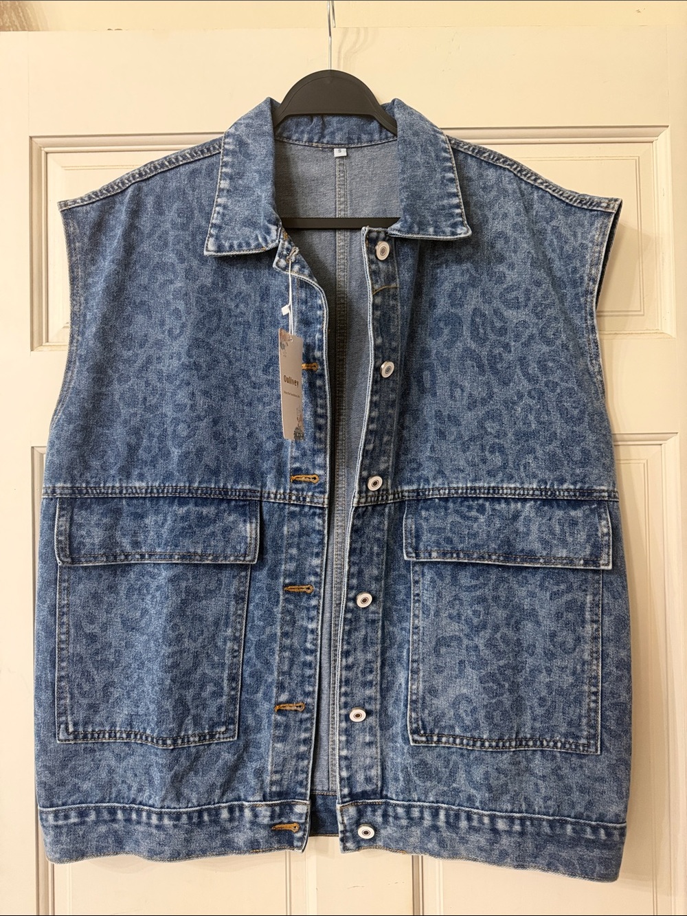 Women’s Blue Denim Vest with Subtle Leopard Print
